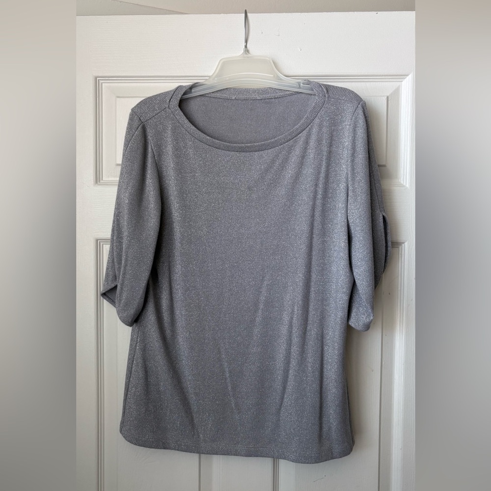 Reiss Silver Metallic Scoop Neck Short Sleeve Top
